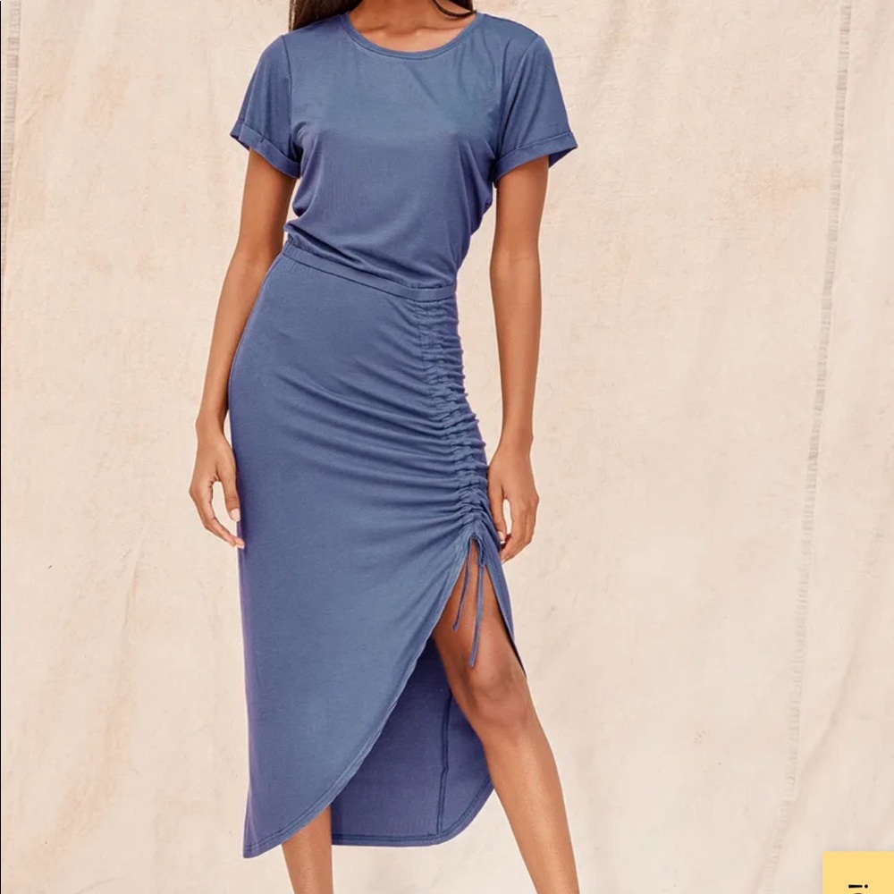 COPY - Casual retreat denim blue ruched high-low midi dress Lulus
